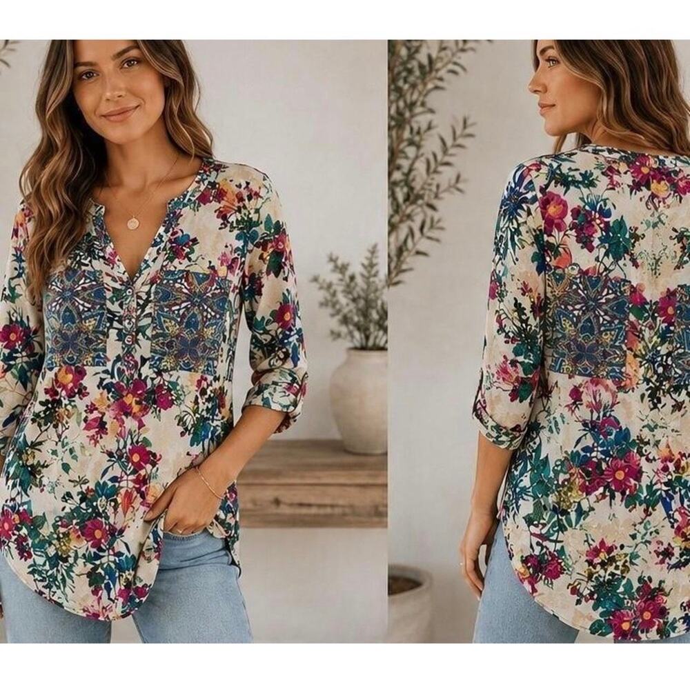 FIG & FLOWER Floral Paisley Mixed Border Print Tunic Boho Blouse Top S